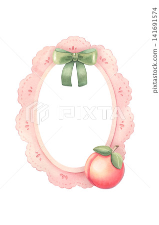Pink lace oval frame with green bow and peach. Hand-painted watercolor illustration isolated on white for wedding, stationery, greeting cards, branding, packaging, invitations, poster, sticker, design Pink lace oval frame with green bow and peach. Hand-painted watercolor illustration isolated on white for wedding, stationery, greeting cards, branding, packaging, invitations, poster, sticker, design 141691574