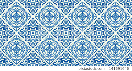 Seamless Mediterranean tile pattern with blue ceramic mosaic ornament. Spanish and Portuguese azulejo floral design for vintage wall decor. Seamless Mediterranean tile pattern with blue ceramic mosaic ornament. Spanish and Portuguese azulejo floral design for vintage wall decor. 141691646