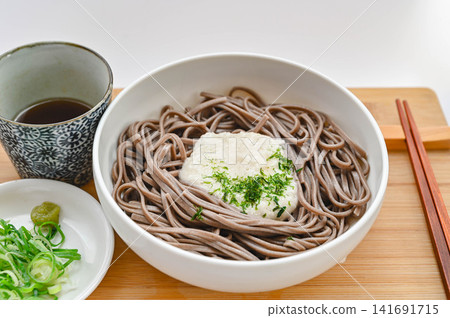 Cold soba noodles with grated yam and condiments Cold soba noodles with grated yam and condiments 141691715