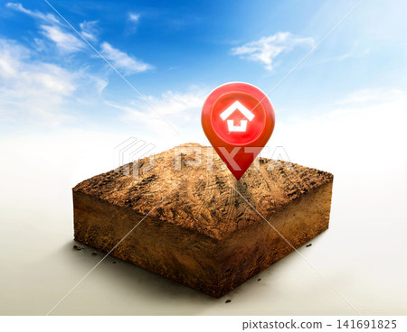 House symbol with location pin icon on empty dry soil land plot for housing construction project, ground ecology isolated on blue sky. 141691825