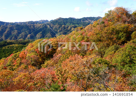 View from Nabeyama Mountain, adorned in autumn colors, Hitachiota City, Ibaraki Prefecture. View from Nabeyama Mountain, adorned in autumn colors, Hitachiota City, Ibaraki Prefecture. 141691854
