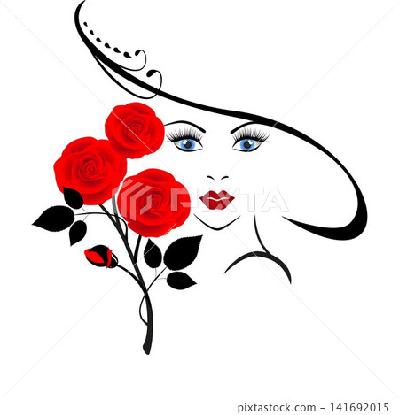 Portrait of a girl with blue eyes and a bouquet of red roses. Portrait of a girl with blue eyes and a bouquet of red roses. 141692015
