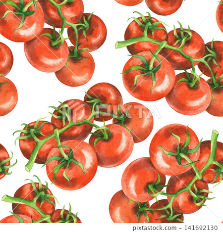 Seamless pattern of the tomatoes. Watercolor illustration. Handmade art work. For packaging design, cards, cover, prints, product labels and fabric. Seamless pattern of the tomatoes. Watercolor illustration. Handmade art work. For packaging design, cards, cover, prints, product labels and fabric. 141692130