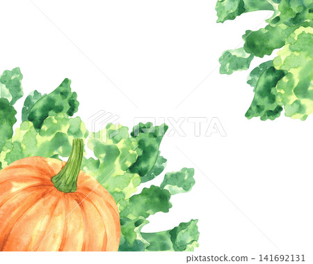 Frame of the pumpkin and lettuce. Watercolor illustration. Handmade art work. For packaging design, cards, cover, prints, product labels and fabric. 141692131