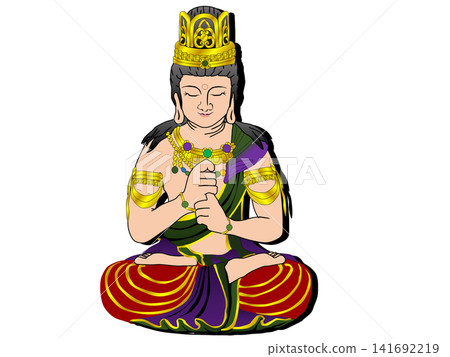 白色背景上的大日如來(毘盧遮那佛)坐像,結志拳印(智慧拳印),真言宗主神,佛教/密教資料。 白色背景上的大日如來(毘盧遮那佛)坐像,結志拳印(智慧拳印),真言宗主神,佛教/密教資料。 141692219