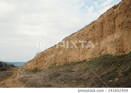 Long eroded clay cliff with bird nesting holes along a dirt path in Visnjicka Banja, Belgrade. Natural geological wall under soft cloudy sky Long eroded clay cliff with bird nesting holes along a dirt path in Visnjicka Banja, Belgrade. Natural geological wall under soft cloudy sky 141692409