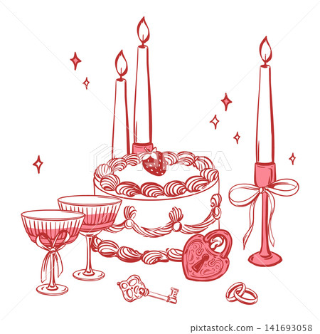 Engagement celebration. Romantic evening with champagne, cake, and candles. Symbols of love, a padlock, key, and betrotha rings. Vector illustration in a coquette style. Clipart for Valentine's Day. Engagement celebration. Romantic evening with champagne, cake, and candles. Symbols of love, a padlock, key, and betrotha rings. Vector illustration in a coquette style. Clipart for Valentine's Day. 141693058