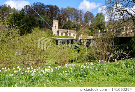 St Peter's Church and the historic grounds of Dyrham Park framed by spring daffodils and tulips in Gloucestershire St Peter's Church and the historic grounds of Dyrham Park framed by spring daffodils and tulips in Gloucestershire 141693294