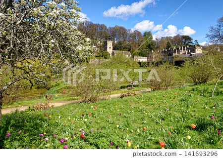 St Peter's Church and the historic grounds of Dyrham Park framed by spring daffodils and tulips in Gloucestershire St Peter's Church and the historic grounds of Dyrham Park framed by spring daffodils and tulips in Gloucestershire 141693296