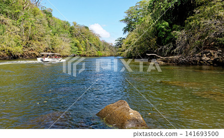 Tourist excursion boat cruising past lush tropical jungle forest on the Grand River South East in Mauritius Tourist excursion boat cruising past lush tropical jungle forest on the Grand River South East in Mauritius 141693500
