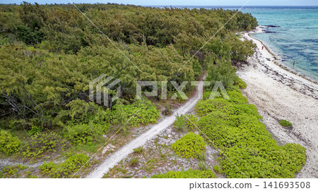 Aerial high angle shot of the sandbar beach, turquoise lagoon channel, and anchored boats at Ile aux Cerfs, Mauritius Aerial high angle shot of the sandbar beach, turquoise lagoon channel, and anchored boats at Ile aux Cerfs, Mauritius 141693508