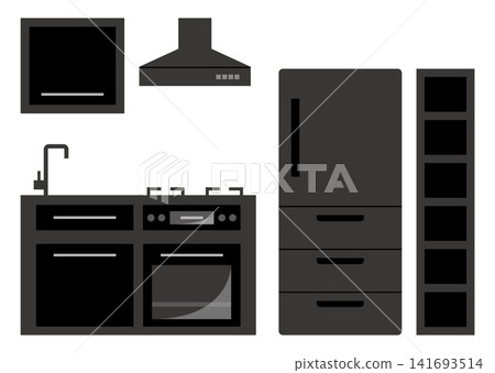 Simple illustration of a kitchen system with a refrigerator and storage shelves. Simple illustration of a kitchen system with a refrigerator and storage shelves. 141693514