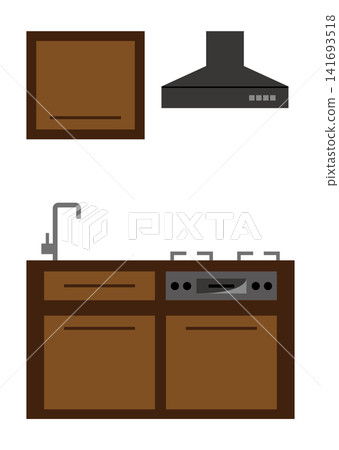 Compact system kitchen with wood grain design (illustration of residential equipment) Compact system kitchen with wood grain design (illustration of residential equipment) 141693518