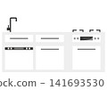 Illustration of a white system kitchen with a built-in dishwasher. 141693530