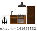 Illustration of a kitchen with a counter and refrigerator. 141693532