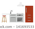 Interior illustration of a kitchen with a counter and refrigerator. 141693533