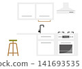 Illustration of a white modular kitchen with a counter. 141693535