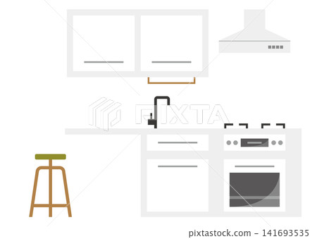 Illustration of a white modular kitchen with a counter. Illustration of a white modular kitchen with a counter. 141693535