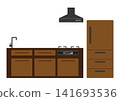 Kitchen and refrigerator unit illustration with wood grain design. 141693536