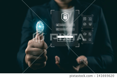 Businessman thumb up with glowing fingerprint scan and secure login interface panel, concept of cyber security and biometric data privacy. Businessman thumb up with glowing fingerprint scan and secure login interface panel, concept of cyber security and biometric data privacy. 141693620