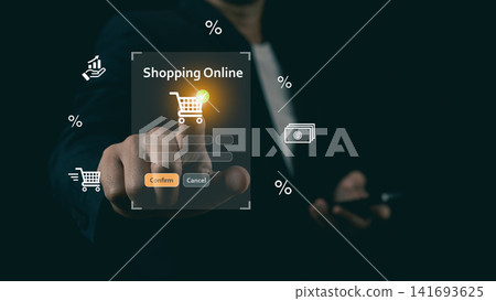 Businessman finger touching glowing online shopping cart interface on virtual screen, concept of e-commerce retail and digital transaction. Businessman finger touching glowing online shopping cart interface on virtual screen, concept of e-commerce retail and digital transaction. 141693625