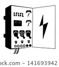Electrical panel with an open door showing heavy switches for power 141693942