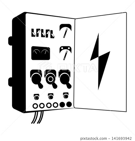 Electrical panel with an open door showing heavy switches for power Electrical panel with an open door showing heavy switches for power 141693942
