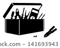 Open metal toolkit containing screwdrivers and testing probes with wire cutters resting nearby 141693943