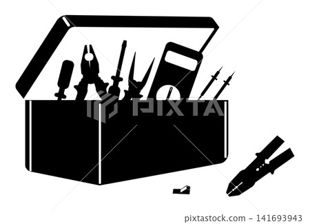 Open metal toolkit containing screwdrivers and testing probes with wire cutters resting nearby Open metal toolkit containing screwdrivers and testing probes with wire cutters resting nearby 141693943
