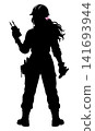 Female electrician silhouette holding tools ready to fix wiring 141693944