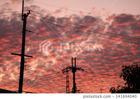 A sunset sky tinged with crimson clouds, silhouetted telephone poles, power lines, and trees. A sunset sky tinged with crimson clouds, silhouetted telephone poles, power lines, and trees. 141694040