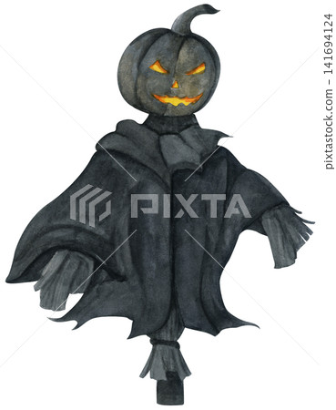 Watercolor Illustration of a Spooky Halloween Scarecrow. Watercolor Illustration of a Spooky Halloween Scarecrow. 141694124
