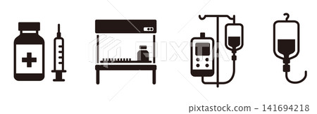 Medical pictogram set for medical devices, IV drips, injections, and medications; hospital, medical, and treatment icons. Medical pictogram set for medical devices, IV drips, injections, and medications; hospital, medical, and treatment icons. 141694218