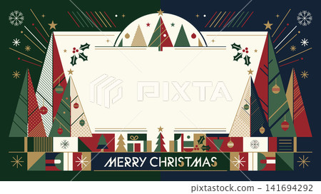 Merry Christmas horizontal frame template with abstract element geometric forms modern retro style have blank space. Merry Christmas horizontal frame template with abstract element geometric forms modern retro style have blank space. 141694292