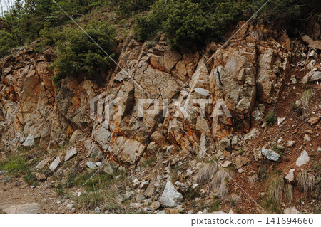 Rocky mountain cliff with natural stone texture on Stolovi Mountain in Serbia during spring. Concept of geology, strength and raw natural landscape Rocky mountain cliff with natural stone texture on Stolovi Mountain in Serbia during spring. Concept of geology, strength and raw natural landscape 141694660