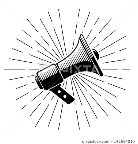 Vintage megaphone on sunburst background Vintage megaphone on sunburst background 141694810