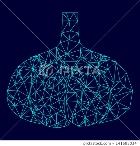 Garlic low poly triangulation triangulated polygonal electric cyan blue vibrant aqua neon color outline contour line 141695034