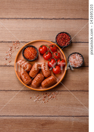 Chicken or pork grilling sausages with garlic, salt, and spices. Grilling sausages 141695103