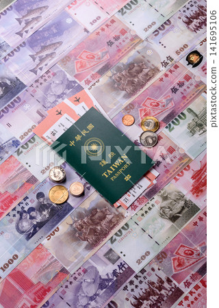Taiwan, Taiwanese passport or id document with tickets for flight, travel. Taiwanese passport Taiwan, Taiwanese passport or id document with tickets for flight, travel. Taiwanese passport 141695106