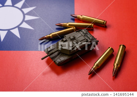 A tank on the taiwanese flag as a conceptual backdrop representing defense 141695144
