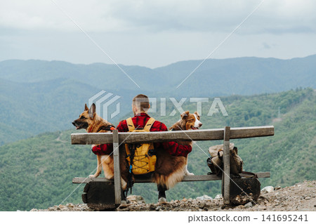 Male traveler sitting on a wooden bench with German Shepherd and Australian Shepherd in Serbian mountains. Concept of friendship, hiking and peaceful travel Male traveler sitting on a wooden bench with German Shepherd and Australian Shepherd in Serbian mountains. Concept of friendship, hiking and peaceful travel 141695241