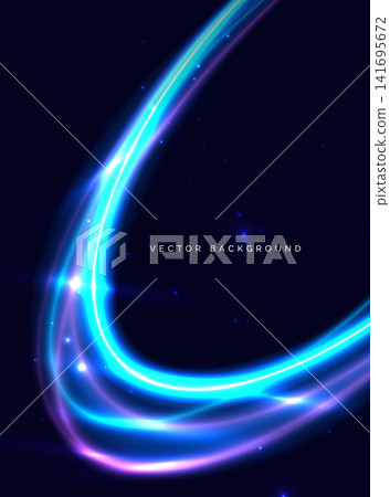 Blue and purple curved neon beams on dark blue background. Blue and purple curved neon beams on dark blue background. 141695672
