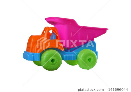 Colorful plastic toy dump truck isolated on white background sideview 141696044