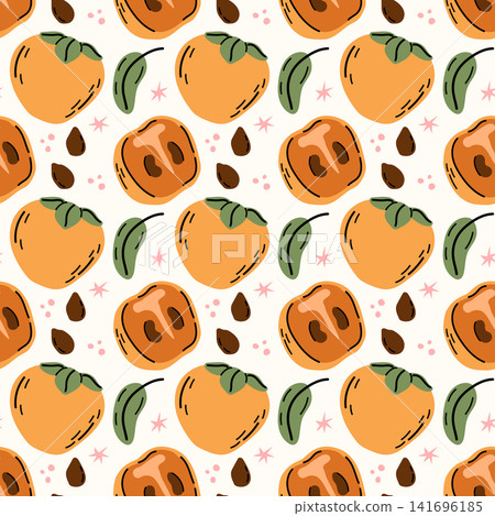 Fresh orange persimmon fruit and slices seamless pattern background Fresh orange persimmon fruit and slices seamless pattern background 141696185