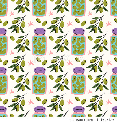 Green olive branches and canned olive jars seamless pattern background Green olive branches and canned olive jars seamless pattern background 141696186