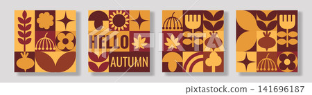 Autumn hello fall geometric greeting card set with midcentury harvest icons Autumn hello fall geometric greeting card set with midcentury harvest icons 141696187