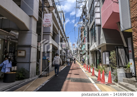 Urban landscape of Meguro Ward, Tokyo: Gakugei-daigaku Station East Exit Shopping Street and along the Tokyu Toyoko Line elevated tracks. Urban landscape of Meguro Ward, Tokyo: Gakugei-daigaku Station East Exit Shopping Street and along the Tokyu Toyoko Line elevated tracks. 141696196