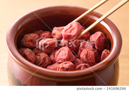 Homemade pickled plums preserved in a jar Homemade pickled plums preserved in a jar 141696266