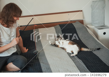 Woman entertaining a playful tabby cat on a bed with an interactive wand toy. Cozy indoor lifestyle scene highlighting enrichment, exercise, bonding, and pet wellbeing Woman entertaining a playful tabby cat on a bed with an interactive wand toy. Cozy indoor lifestyle scene highlighting enrichment, exercise, bonding, and pet wellbeing 141696279