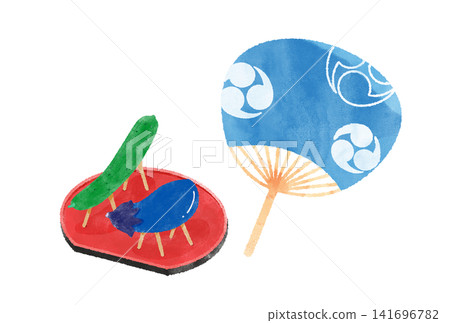 一幅水彩插圖,描繪了一把清爽的扇子和盂蘭盆節裝飾品(神馬和神牛)。 一幅水彩插圖,描繪了一把清爽的扇子和盂蘭盆節裝飾品(神馬和神牛)。 141696782